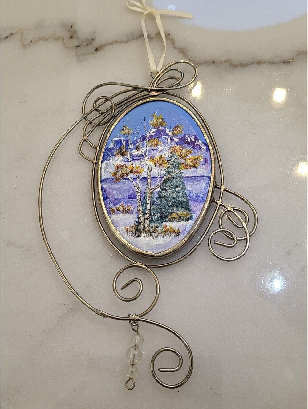 Vtg Metal Ornate Handpainted Winter Scene EUC Christmas Tree Ornament 7"H A66
